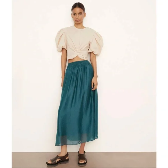 VINCE | $295 Smocked-Waist Gathered Skirt in Dark Blue Waltz, Size Small - Picture 2 of 11